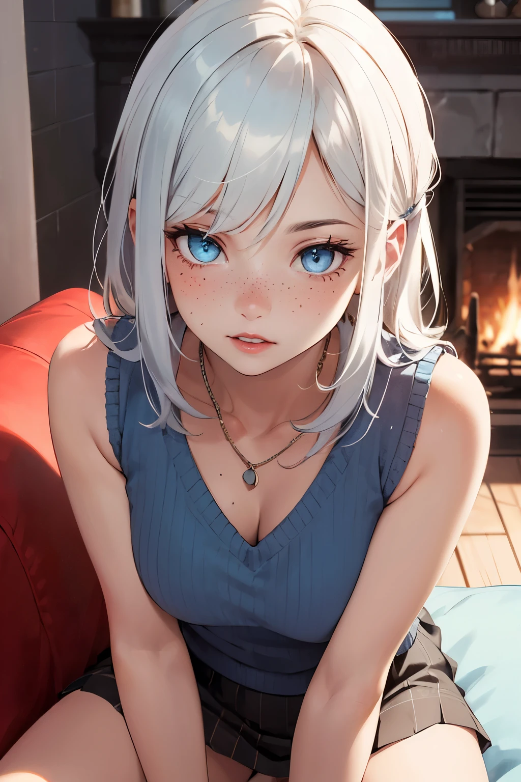 ((best quality)), ((masterpiece)), (detailed), Ridiculous resolution, ultra high resolution, hyper resolution, (masterpiece:1.4), Hyper-detailing, a woman. She is 17 years old. White hair. She has bangs in her hair. red lips. she is blushing. she has freckles. (Ultra detailed light blue eyes:1.4)). she is lying on a sofa by the fireplace. She is wearing a sleeveless wool sweatshirt. She is wearing a wool ribbed mini skirt. Necklace. She is shy.