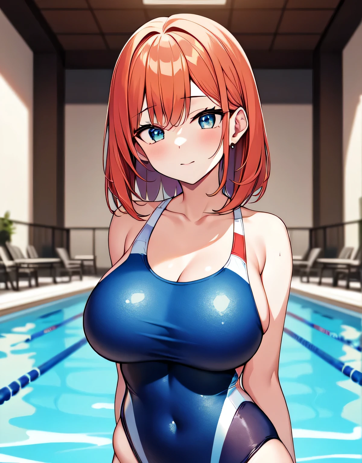 indoor pool,blue one-piece swimsuit,Swimsuit,(big breasts:1.5),looking at the viewer,Are standing,(((masterpiece))),((highest quality)),perfect anatomy,8K UHD,highly detailed face,luster and luster,((1 girl)),((alone)),beautiful and fine eyes,perfect image,(Upper body:1.1),(look ahead:1.1),turn your arms behind your back,slim waist,(shiny hair),orange hair,(medium long hair:0.8),super detailed,disorganized,
