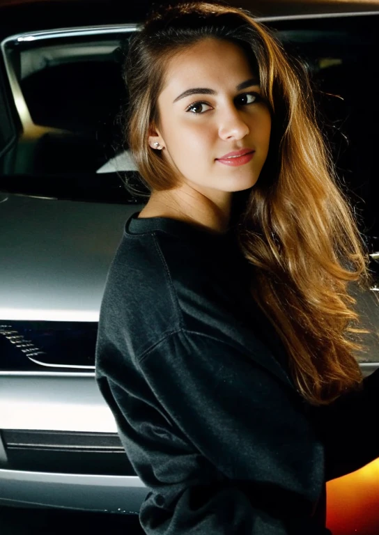 photo of a woman wearing a sweatshirt ,standing with supercar. beautiful soft natural side light. firelight. face, eyes. dark background, at night. romantic lighting. intricate details, skin pores, 8k, spanish,wavy hair, looking at camera ,full car