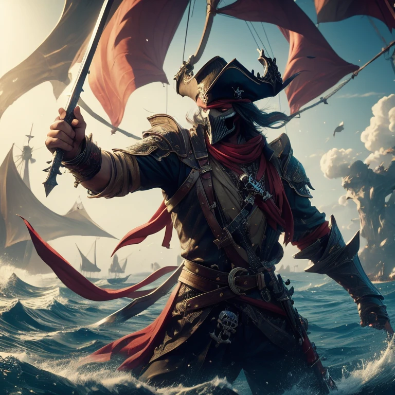 Human pirate with a skull mask on his face, at sea on a boat, holding his sword in the air