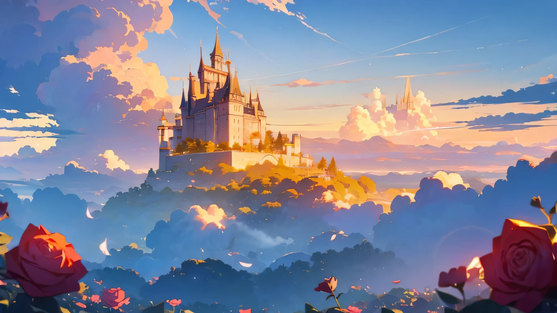 a castle floating in the sky on a big cloud, golden hour, romantic and nostalgic, flowers and roses