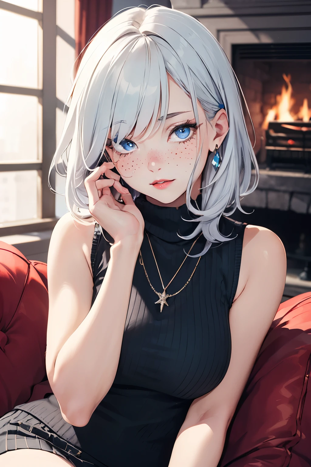 ((best quality)), ((masterpiece)), (detailed), Ridiculous resolution, ultra high resolution, hyper resolution, (masterpiece:1.4), Hyper-detailing, a woman. She is 17 years old. White hair. She has bangs in her hair. red lips. she is blushing. she has freckles. (Ultra detailed light blue eyes:1.4)). she is lying on a sofa by the fireplace. She is wearing a sleeveless wool sweatshirt. She is wearing a wool ribbed mini skirt. necklace.