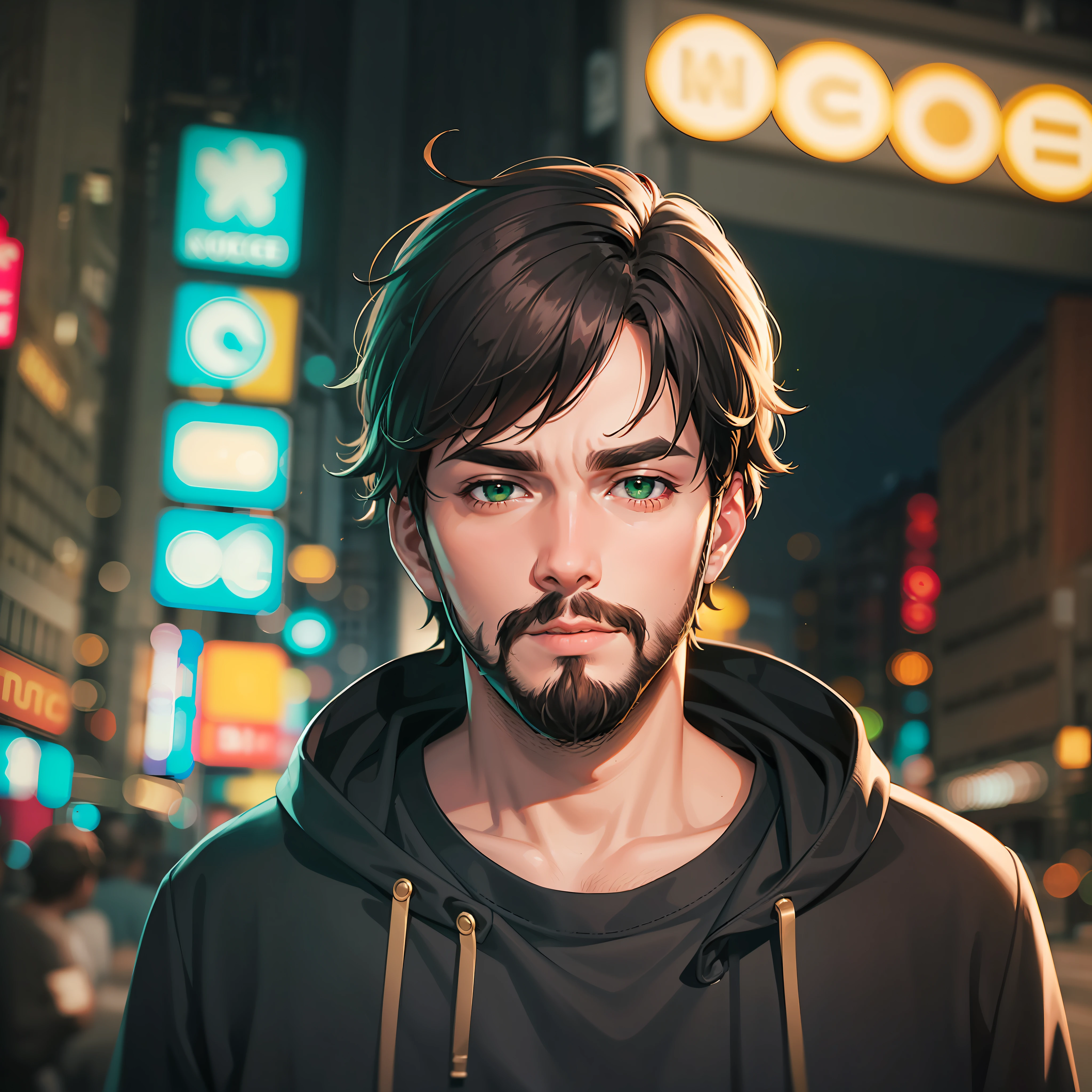 Homem adulto com barba e cabelo castanho escuro, moletom preto com detalhes verdes, in a city with green neon lights.