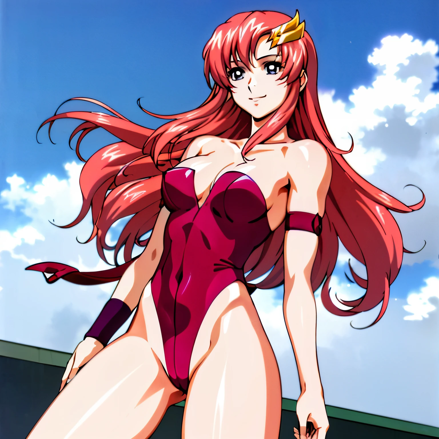 lacus4, 1 girl, hands on stomach, (masterpiece, strapless, (very slim shoulders), 4K, Best Quality, Anime style: 1.9, happy, Adult Woman, (ultra detailed head), (cloud background, white skin), Drawing lines, high resolution, lacus4), 1girl, Solo, curvy figure, Long hair, 鎖骨, scapular, (Detailed wide hair bangs, Hair Ornament, Detailed reddish-pink hair, shiny streaks, slim arms, detailed golden crest), cleavage, large hands, (hair cover shoulders). (Big blue eyes, shiny eyes), ((female wrestler, (slim body), little biceps, slim arms, closed fists, thighs)), ((perfect proportions, medium breasts, long belly)), (((very tight leotard, crimson strapless leotard, red arm band, neck band))), smile, (standing, hot colors), detailed fingers, (bare shoulders)
