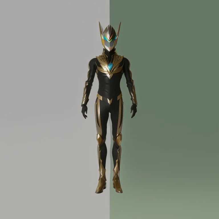 um close de uma pessoa em um terno preto e dourado, Kamen Rider character, hiper ultra detalhado, conceito de corpo inteiro, tokusatsu, novo design de conceito de fantasia, high fantasy Kamen Rider, symmetrical fullbody rendering, tokusatsu terno vaporwave, Kamen Rider action pose, conceito de personagem de corpo inteiro, conceito de corpo inteiro art, Kamen Rider, detailed conceito de corpo inteiro
