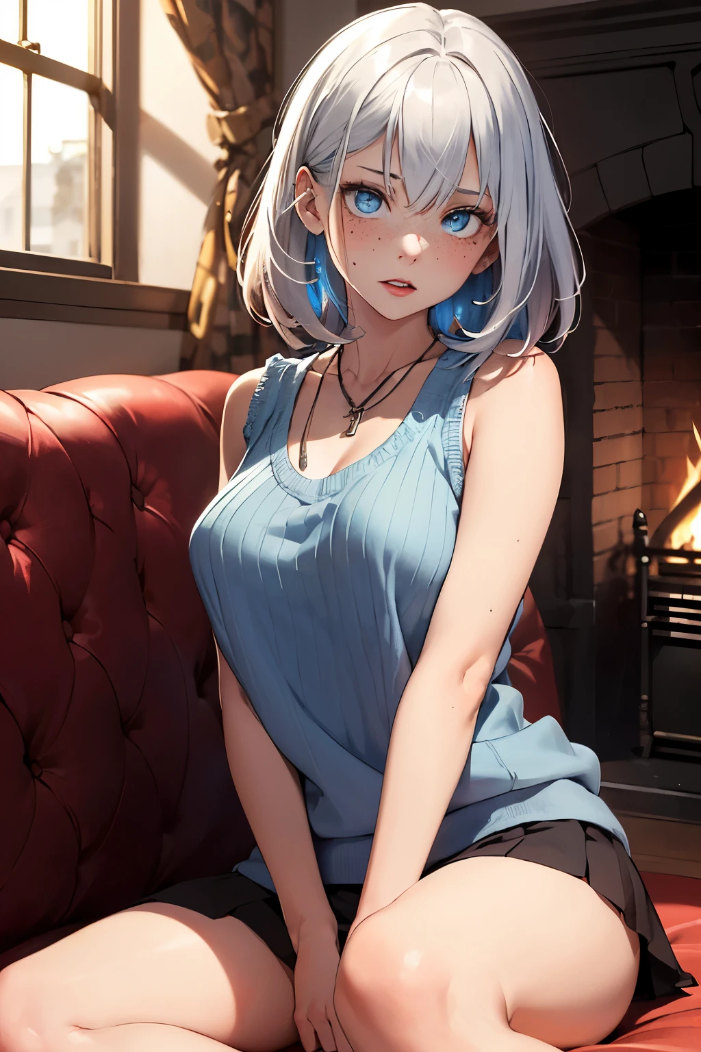 ((best quality)), ((masterpiece)), (detailed), Ridiculous resolution, ultra high resolution, hyper resolution, (masterpiece:1.4), Hyper-detailing, a woman. She is 17 years old. White hair. She has bangs in her hair. red lips. she is blushing. she has freckles. (Ultra detailed light blue eyes:1.4)). she is lying on a sofa by the fireplace. She is wearing a sleeveless wool sweatshirt. She is wearing a wool ribbed mini skirt. necklace. she is angry.