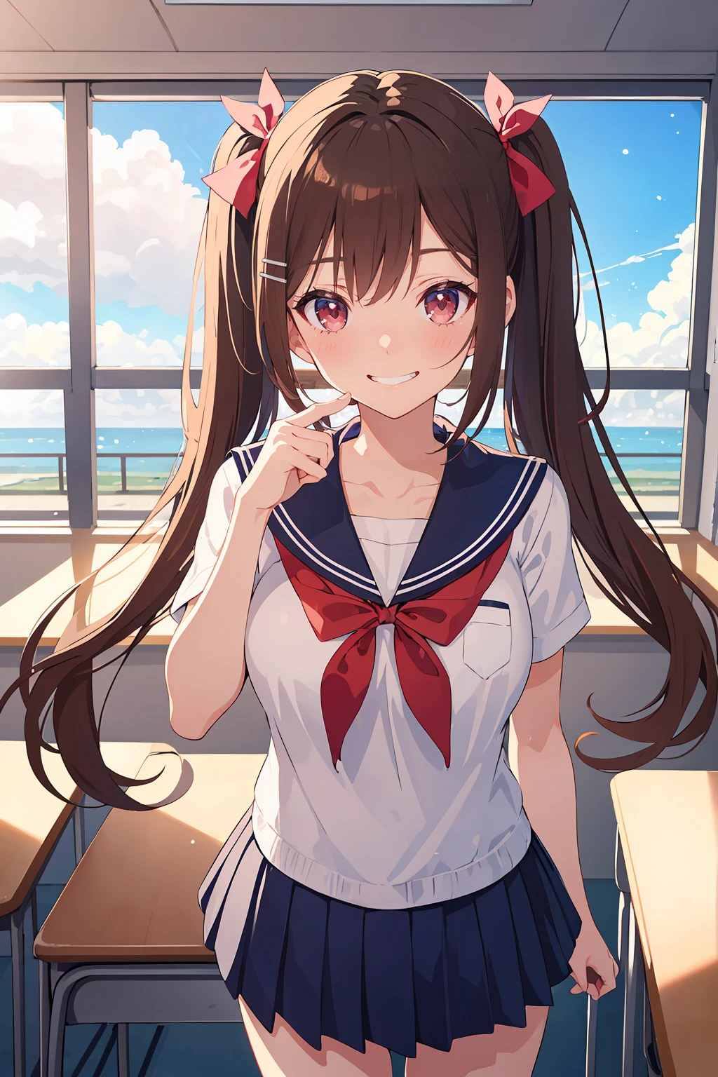 ((8K masterpiece,highest quality)), ultra high resolution, hyper detail, (1 girl), beautiful face, beautiful and delicate eyes,((red eyes)),Big eyes,shining eyes of light,thin and long eyelashes,detailed light,((brown hair)),((long hair)), ((twin tails)),big breasts,school uniform,hair clip,hair ribbon,blitz short skirt,white knee high socks,light pink panties, Panty Pose, panty shot, (grinning smile),embarrassed face,(please open your mouth wide),(classroom),stand in the center of the screen,blue sky with clouds, Nice views, rainbow in the sky, particles of light, daytime, sunbeam,gust of wind,sense of speed, cowboy shot