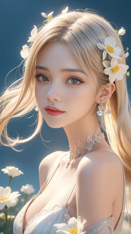 Pastel yellow-white theme photo, a very close up only face of  an extreme transparency glass face of beautiful smiling model woman with beautiful make up looking at the camera, white long hair, wearing luxury pastel yellow dress open shoulders,  3d render, 4k white-yellow gypsophila flowers floating around the body is background, she is doing mini heart.,awake euphoric style,Face makeup