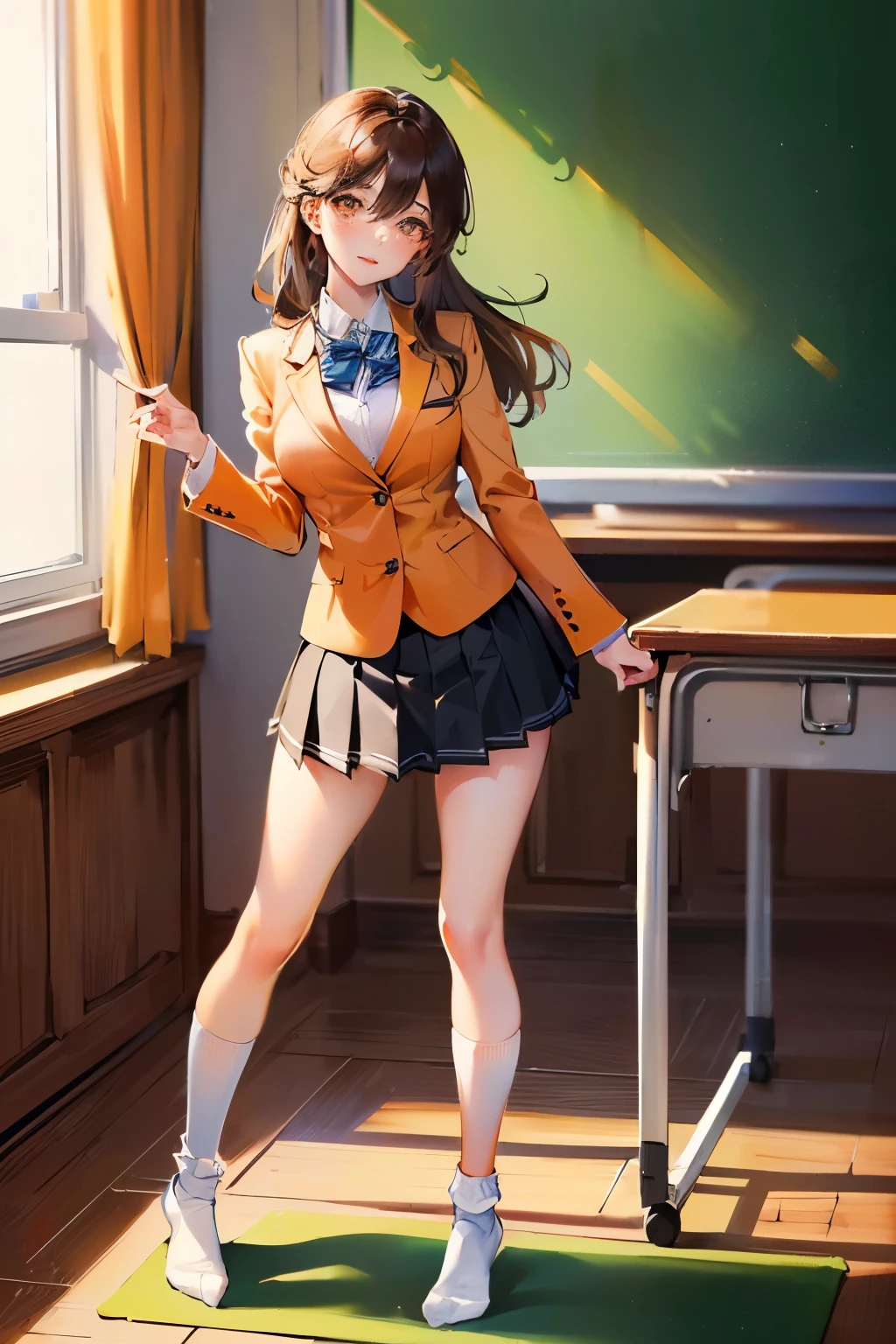 (((((1girl))))), (((best quality))), ((((masterpiece)))), ((ultra-detailed)), (illustration), (detailed light), (an extremely delicate and beautiful), (beautiful detailed eyes), (sunlight), ((extremely light)),
((((school blazer and a pleated skirt)))),
school girl,
wavy medium hair, (((dark brown hair))), (((long hair))),
(((deep orange eyes))),
((whole body)), aged 14 to 17,
diamond, beautiful, ((extra elegant)), (((condescending expression))), (sexually mischievous smile), (((extra adorable))), (((extra slender shape))),
(((jumping up in the classroom))),
(((exposed silky white panties))),
(((extraordinarily thin thighs))),
(((mat white ankle socks))),