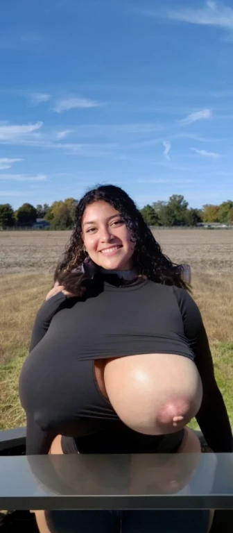 arafed woman n in a field with a blue sky, profile picture, profile pic, with a tree in the background, profile image, headshot profile picture, profile shot, with earth in the background, alanis guillen, 🍂 cute, with a park in the background, top half of body, full body shot close up, neck zoomed in, upper body close up, Big tits, huge tits, no clothes, sexy, cute, minimal clothes, thick, bbw, chubby stomach, thick nipples, nipple piercings, large areola, hard nipples, piercing through shirt, nipples hard through shirt, chubby stomach showing, tummy spilling over the side, muffin top, no pants, stomach too big for panties, super extra wide hips, huge hips, thick hips, standing, shown down to hips