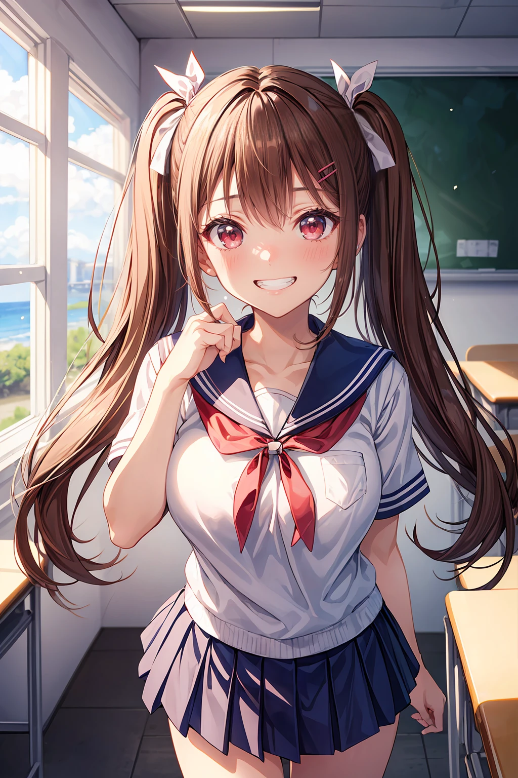 ((8K masterpiece,highest quality)), ultra high resolution, hyper detail, (1 girl), beautiful face, beautiful and delicate eyes,((red eyes)),Big eyes,shining eyes of light,thin and long eyelashes,detailed light,((brown hair)),((long hair)), ((twin tails)),big breasts,school uniform,hair clip,hair ribbon,blitz short skirt,white knee high socks,light pink panties, Panty Pose, panty shot, (grinning smile),embarrassed face,(please open your mouth wide),(classroom),stand in the center of the screen,blue sky with clouds, Nice views, rainbow in the sky, particles of light, daytime, sunbeam,gust of wind,sense of speed, cowboy shot