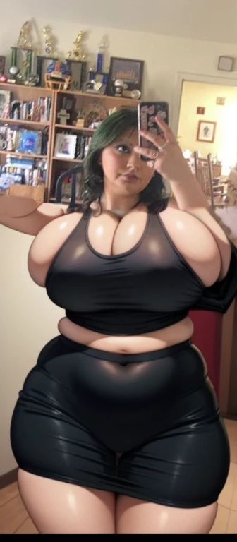 there is a woman taking a picture of herself in a mirror, she has a jiggly fat round belly, her belly is fat and round, 2 , 18 years old, her belly button is exposed, 2 3 years oldhoto, 21 years old, she is wearing a black tank top, she is about 2 0 years old, Big tits, huge tits, no clothes, sexy, cute, wide hips, thick thighs, pear-shaped body, minimal clothes, thick, bbw, chubby stomach, thick nipples, nipple piercings, large areola, hard nipples, piercing through shirt, nipples hard through shirt, busty, major cleavage, naked, ripping through top, spilling over sides, bra too tight, giant tits, dominatrix, dominatrix clothes, huge belly, upper body zoom, wide woman