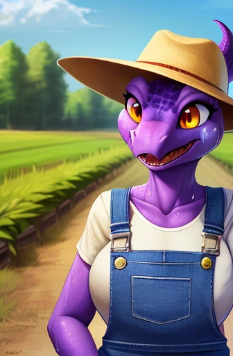 Female, antro, solo, (average breasts), (curvy:1.2), kobold, (purple scales:1.1), (dark spots), (overalls), (farmer hat), (sweat:1.2), happy, caring, smiling, mature, farm background, nature, highly detailed, high resolution, detailed eyes, detailed hands, detailed background, realistic