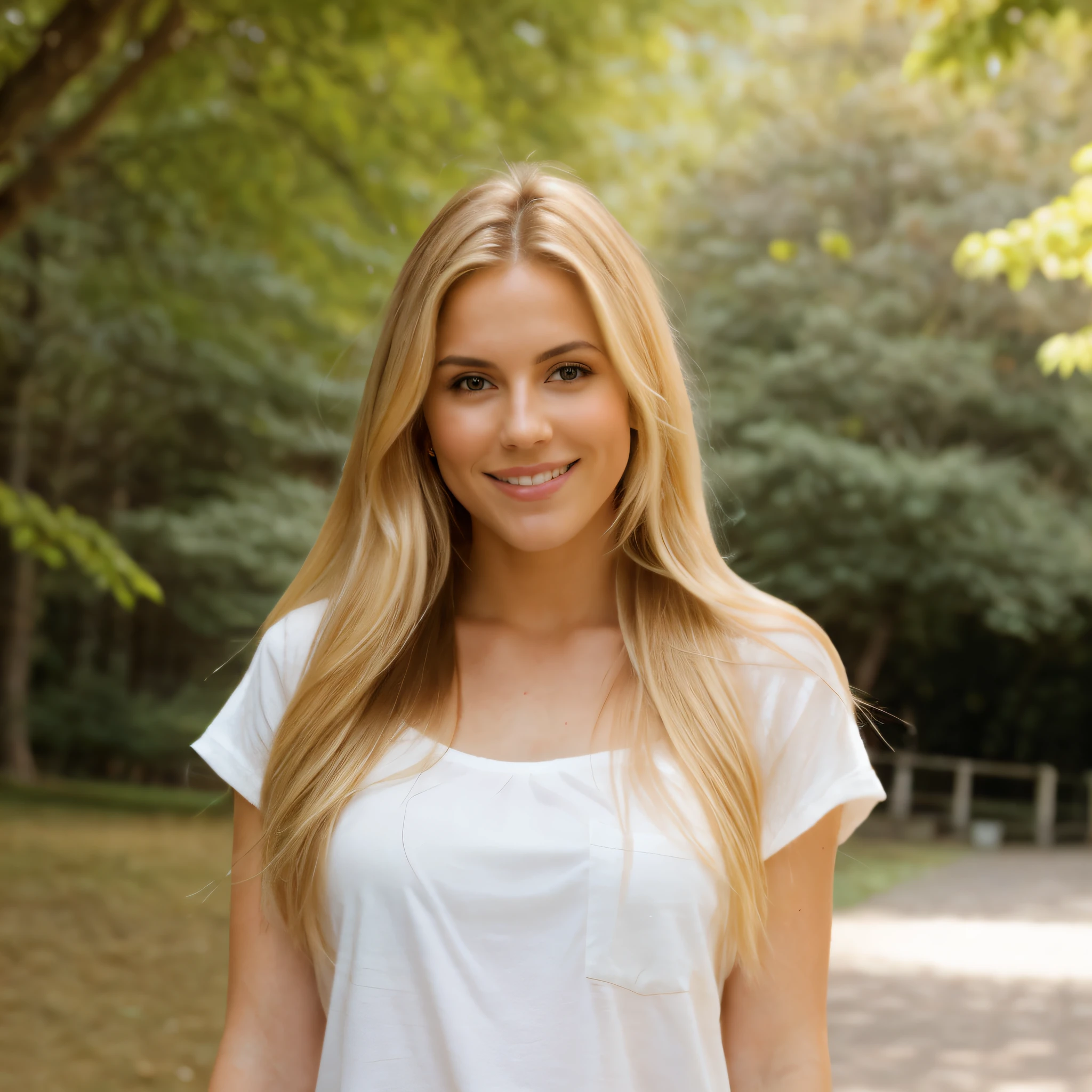 A 23-year-old blonde woman, ((pechos grandes)), ((hiperrealismo)) ,. Caffe, blonde hair with light brown roots. cabello rubio, Hair with brown roots, cabello extra largo, cabello muy largo, really long hair, Beautiful, Front view, photo taken with HD camera, elegant hemp blouse, golden gate park scene, warm forest ambience, sunny day, HD photo, high quality, HD, huge breasts, shy smile, ultraHD