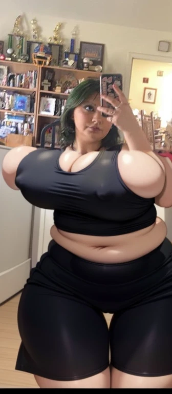 there is a woman taking a picture of herself in a mirror, she has a jiggly fat round belly, her belly is fat and round, 2 , 18 years old, her belly button is exposed, 2 3 years oldhoto, 21 years old, she is wearing a black tank top, she is about 2 0 years old, Big tits, huge tits, no clothes, sexy, cute, wide hips, thick thighs, pear-shaped body, minimal clothes, thick, bbw, chubby stomach, thick nipples, nipple piercings, large areola, hard nipples, piercing through shirt, nipples hard through shirt, busty, major cleavage, naked, ripping through top, spilling over sides, bra too tight, giant tits, dominatrix, dominatrix clothes, huge belly, upper body zoom, wide woman