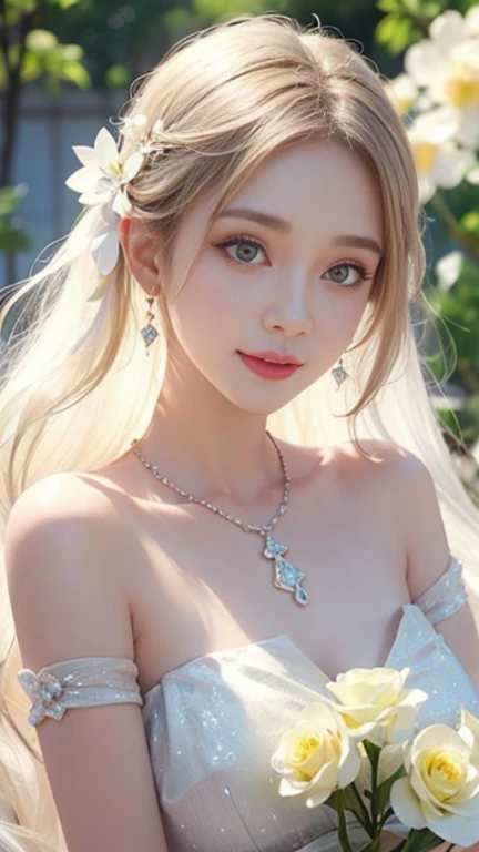 Pastel yellow-white theme photo, a very close up only face of an extreme transparency glass face of beautiful smiling model woman with beautiful make up looking at the camera, white long hair, wearing luxury pastel yellow dress open shoulders, wear diamonds neckless, diamond earrings, red lip, 3d render, 4k white-yellow gypsophila flowers floating around the body is background, she is doing mini heart.,awake euphoric style,Face makeup
