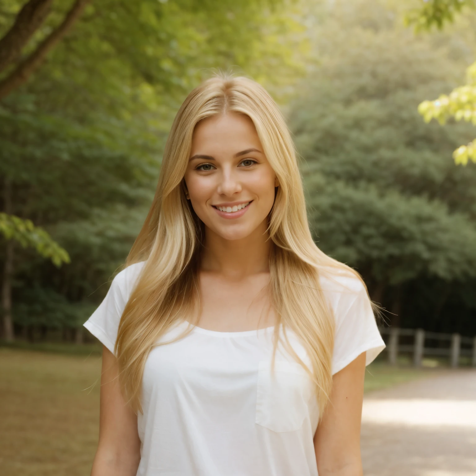 A 23-year-old blonde woman, ((pechos grandes)), ((hiperrealismo)) ,. Caffe, blonde hair with light brown roots. cabello rubio, Hair with brown roots, cabello extra largo, cabello muy largo, really long hair, Beautiful, Front view, photo taken with HD camera, elegant hemp blouse, golden gate park scene, warm forest ambience, sunny day, HD photo, high quality, HD, huge breasts, shy smile, ultraHD