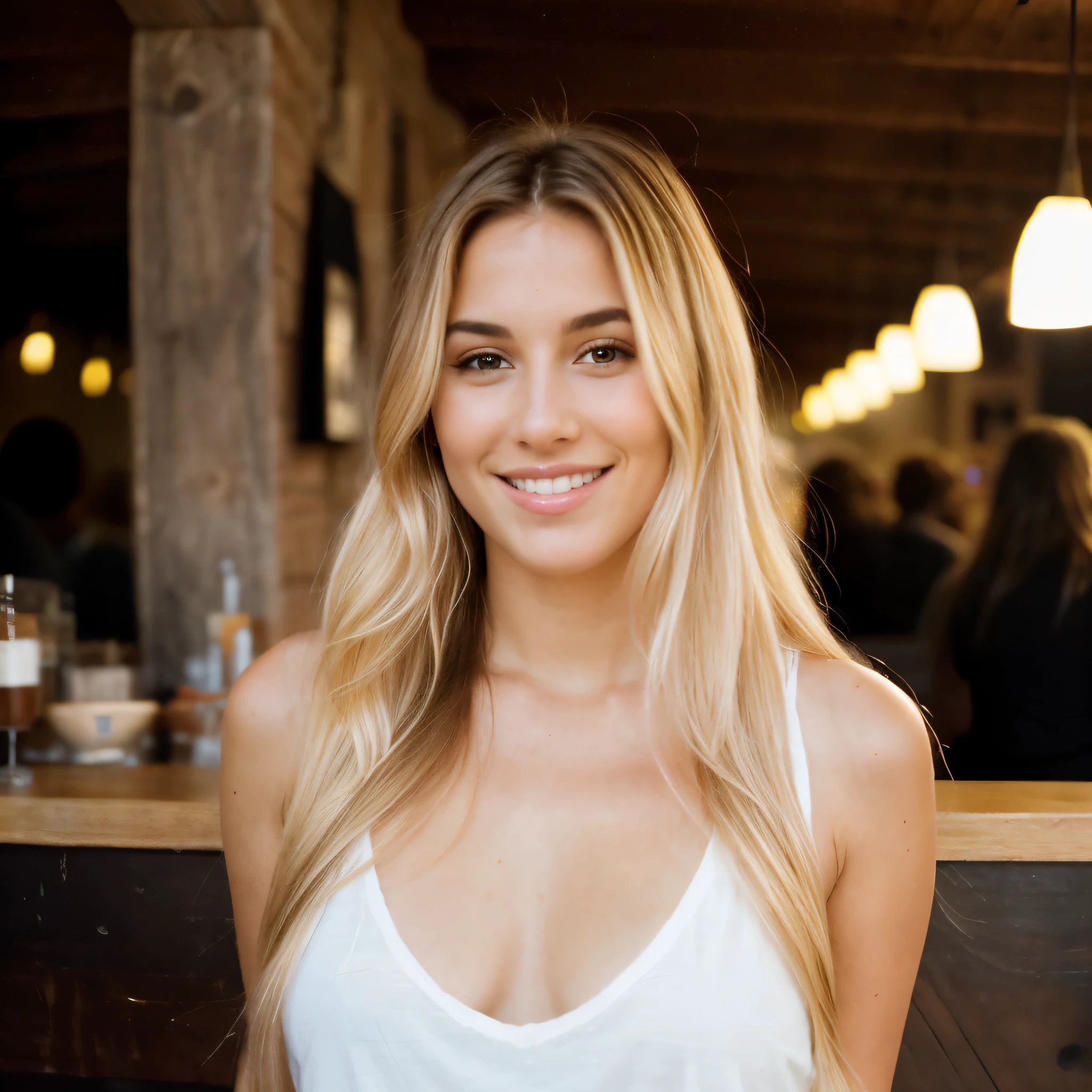 Pretty sexy cute curvy 18 year old blond female sitting outside in a busy pub beer garden , (((revealing nipple)))  , ((pointed upturned nose)) , ((wearing open white shirt))  , exposing sholder, seductive expression , (pouting lips:1.2) , ( mouth open ) , (8k, RAW photo, highest quality), (detailed eyes:0.8), defiance512, (looking at the camera:1.4), (highest quality), (best shadow), intricate details, interior, blond hair:1.3, dark studio, muted colors,  hands on chest , hands covering chest , (( many people in the background ))  , high detail, (( nsfw ))