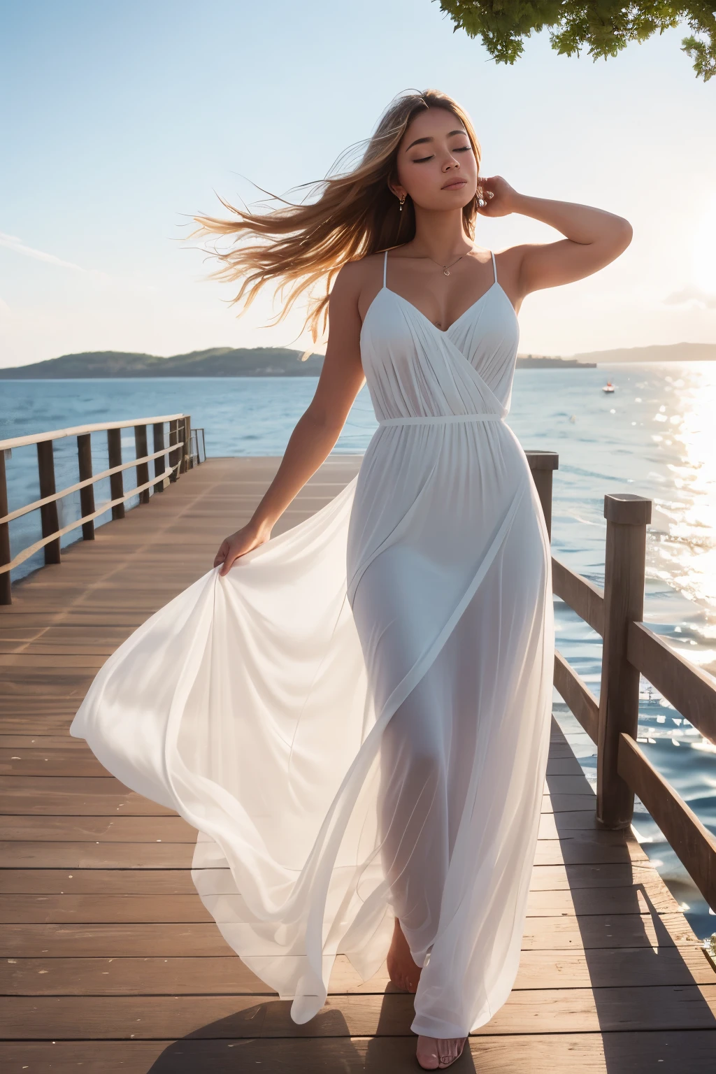 A woman in a translucent white dress, standing on a pier by the sea, bathed in natural light. The sun's rays filtered through the air, illuminating her figure in a soft, ethereal glow. Her expressions were serene and peaceful as she gazed out at the tranquil water.

This image promises to be of high quality and rich in details, capturing the essence of the woman and the natural beauty of the scene. The skin texture will be hyper-realistic and highly detailed, showing every pore and wrinkle in a convoluted and lifelike manner.

The photo was taken using a Sony a7S IV and a 50mm 1