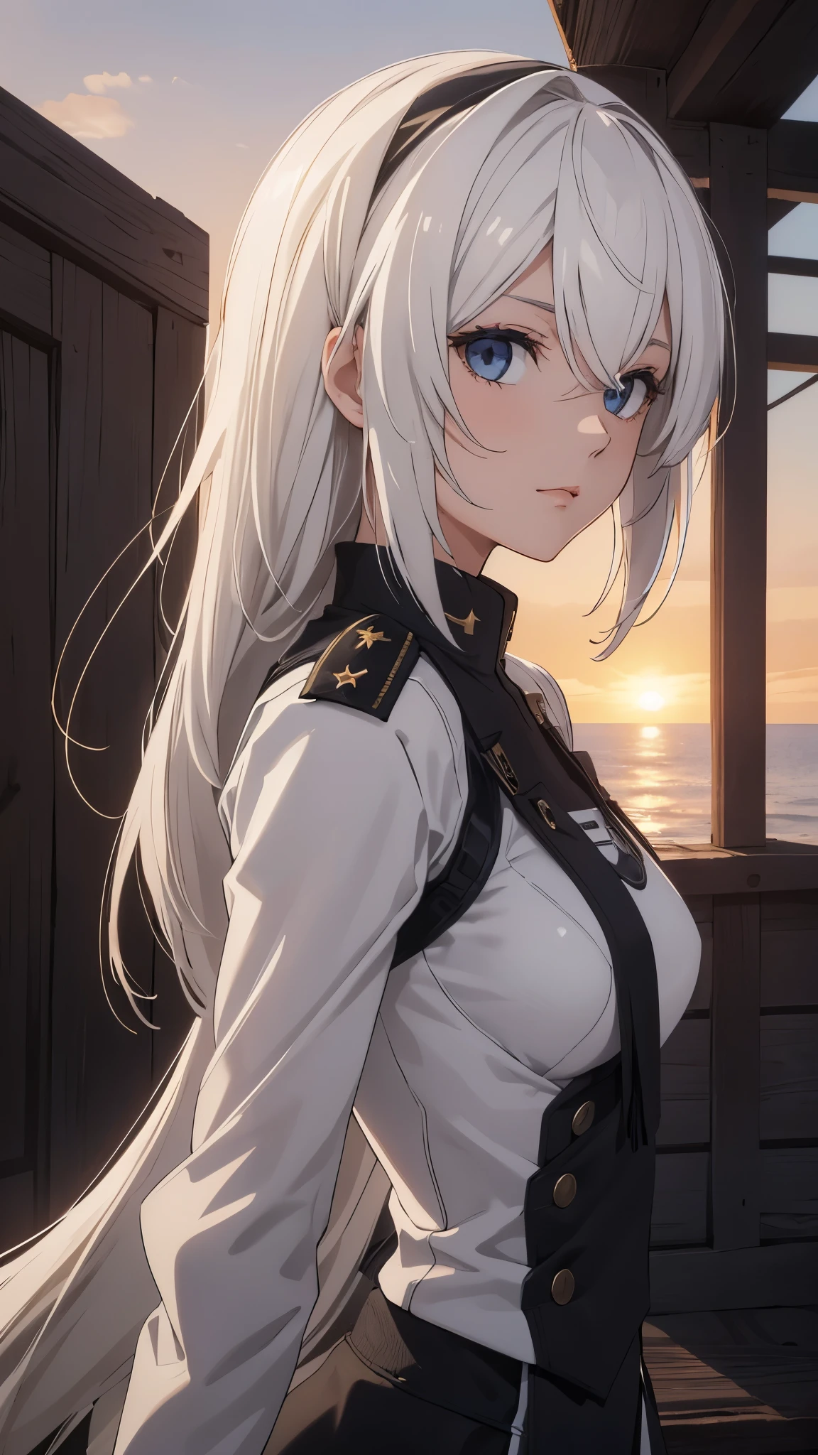 The Perfect Girl, perfect details, Ultra HD |, 8K, Professional photo(extremely detailed CG unity 8k wallpaper), (masterpiece), (best quality), (ultra-detailed), (best illustration), (best shadow), (absurdres), 2b, 1girl, long hair, normal size , white hair, Intimidating women, admiral uniform, night, hero pose, white clothes, General Uniform, Military Uniform, Dawn, exposed to sunlight, commander, black clothes, sunkissed, sunset background