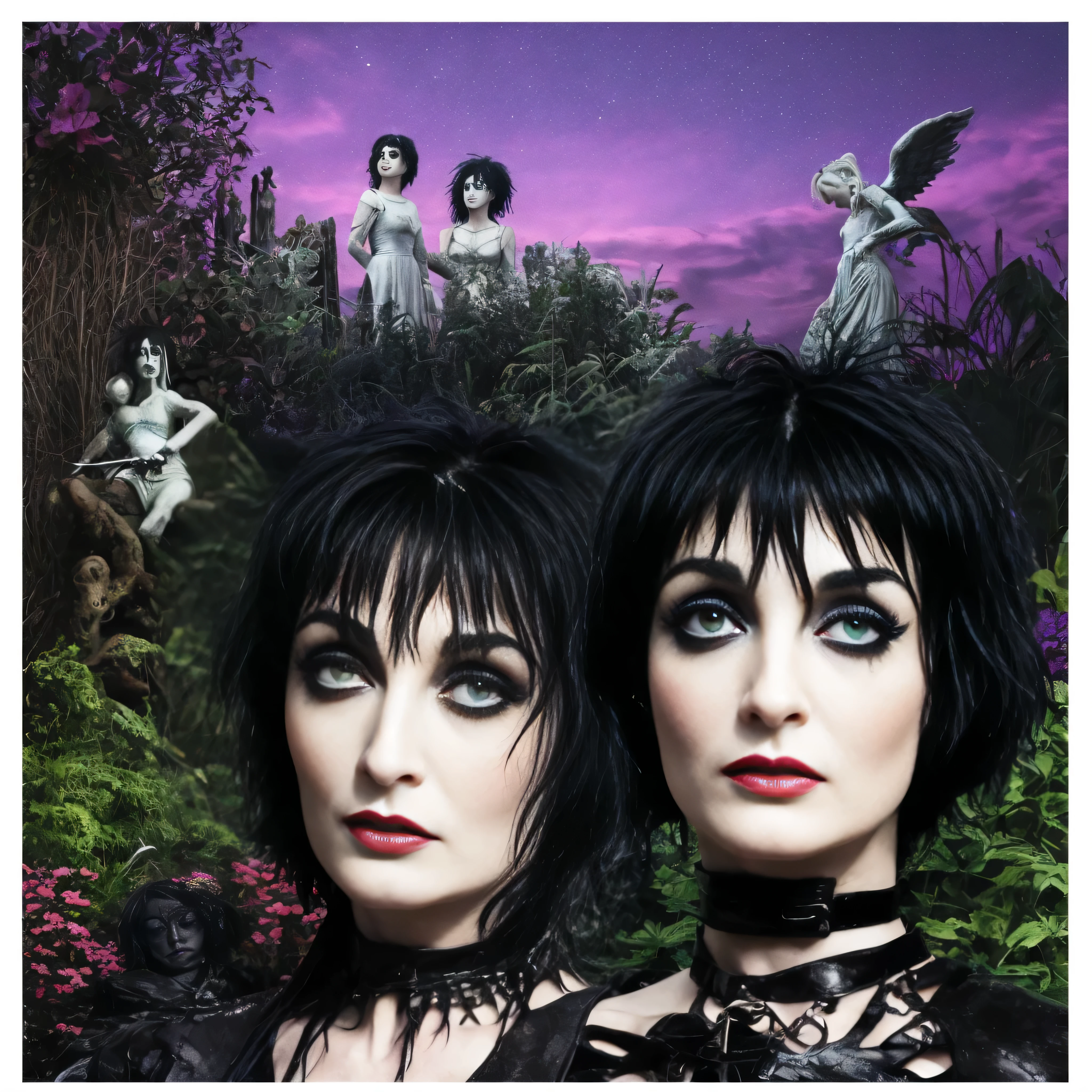 Young Siouxsie Sioux as Edward Scissorhands, old black sunglasses, gothic garden background with angel sculptures, noite clara, Purple sky, 8k, obra-prima, excelente qualidade, foto profissional, imagem realista, 4k, eyes that are the same and not crooked, 640x832px