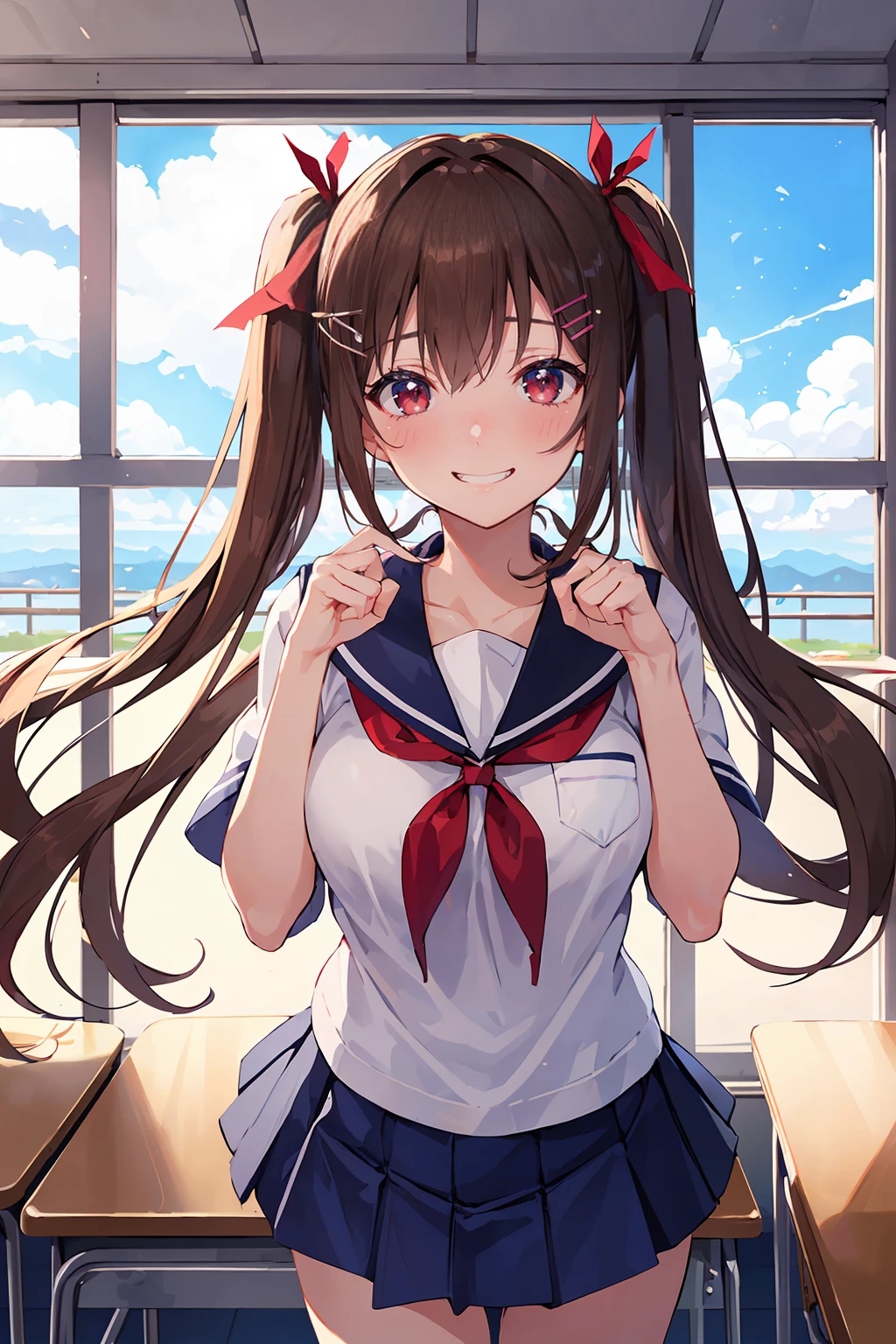 ((8K masterpiece,highest quality)), ultra high resolution, hyper detail, (1 girl), beautiful face, beautiful and delicate eyes,((red eyes)),Big eyes,shining eyes of light,thin and long eyelashes,detailed light,((brown hair)),((long hair)), ((twin tails)),big breasts,school uniform,hair clip,hair ribbon,blitz short skirt,white knee high socks,light pink panties, Panty Pose, panty shot, (grinning smile),embarrassed face,(please open your mouth wide),(classroom),stand in the center of the screen,blue sky with clouds, Nice views, rainbow in the sky, particles of light, daytime, sunbeam,gust of wind,sense of speed, cowboy shot