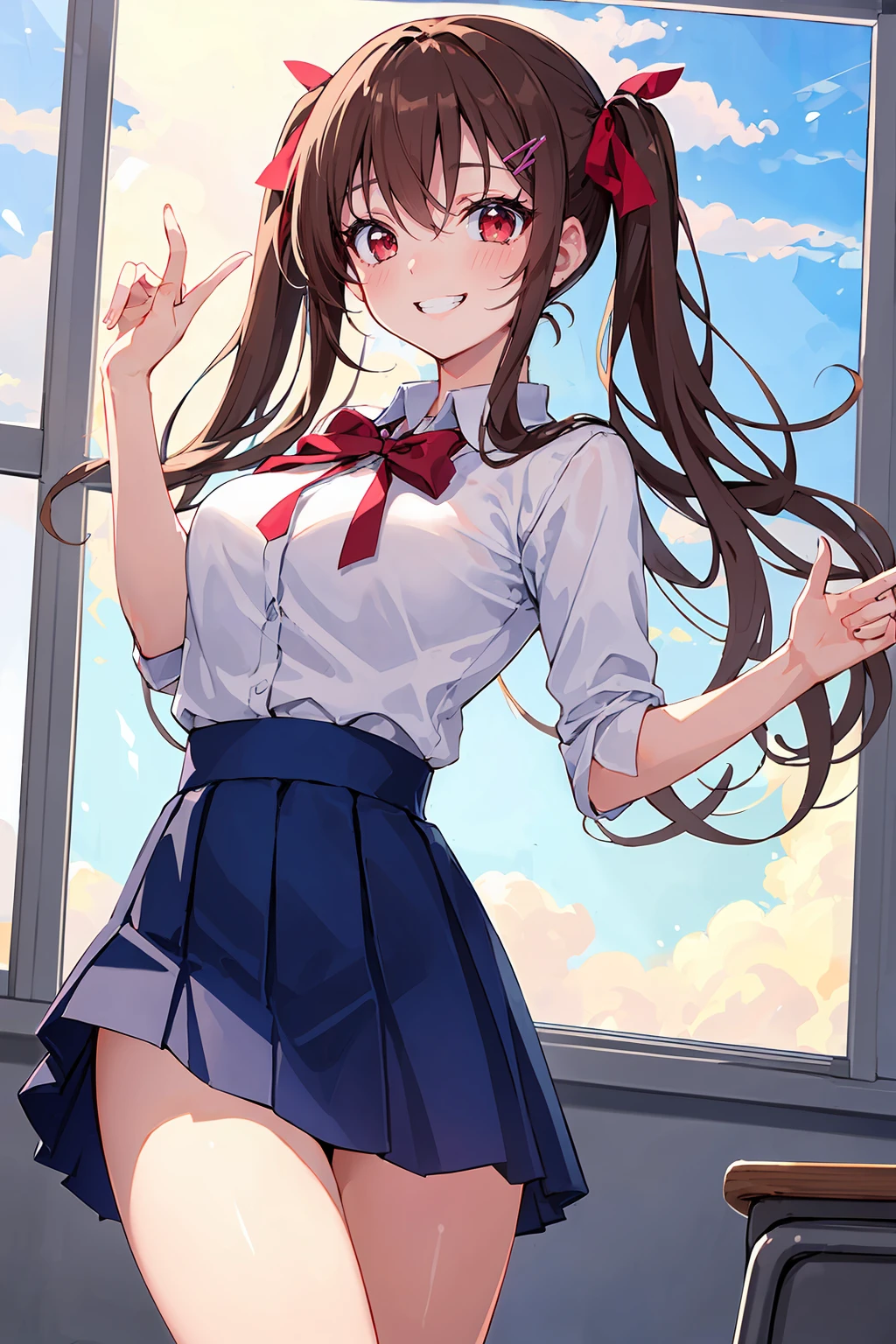 ((8K masterpiece,highest quality)), ultra high resolution, hyper detail, (1 girl), beautiful face, beautiful and delicate eyes,((red eyes)),Big eyes,shining eyes of light,thin and long eyelashes,detailed light,((brown hair)),((long hair)), ((twin tails)),big breasts,school uniform,hair clip,hair ribbon,blitz short skirt,white knee high socks,light pink panties, Panty Pose, panty shot, (grinning smile),embarrassed face,(please open your mouth wide),(classroom),stand in the center of the screen,blue sky with clouds, Nice views, rainbow in the sky, particles of light, daytime, sunbeam,gust of wind,sense of speed, cowboy shot