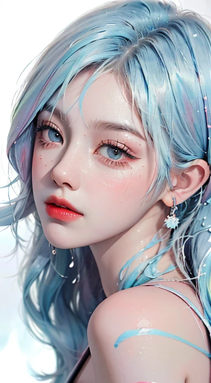 (Masterpiece, Best Quality, High Resolution), White Background, Acrylic Paint, ((Color Splash, Splash of Ink, Color Splash)), Sweet Chinese Girl, Long Light Blue Hair, [Light Blue|Pink] Hair, Curly Hair, Glitter, Peach Lips, White Shirt, Front, Upper Body