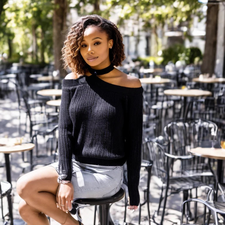 piercing eyes, (breathing mouth:1.3), looking straight, a 20 year old cute black woman, short salon hair, wearing an off-shoulder sweater, choker, closeup portrait, in a outdoor cafe in 2015, afternoon light, [(selena gomez:0.5)|(kristen bell:1.0)]