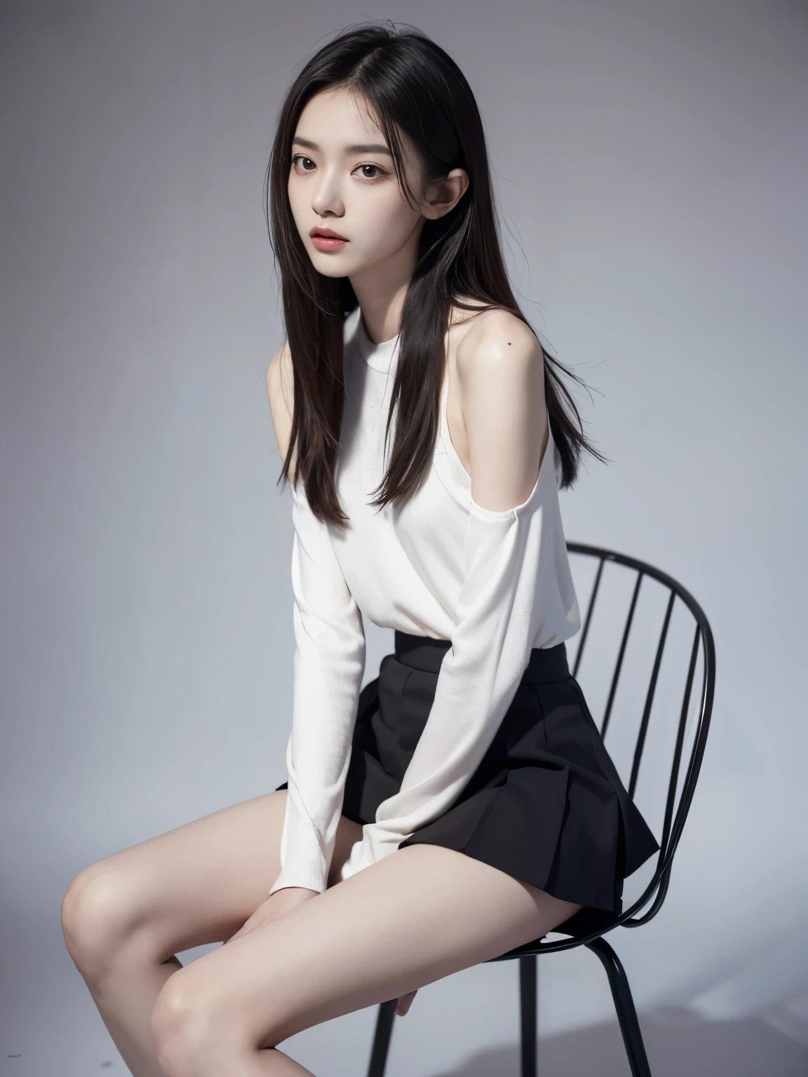 (Photorealistic),(Masterpiece),(ultra-detailed),a shot of very beautiful and tall but so delicate and weak and thin and fragile because she hasn’t eaten for a month,wearing loose skirt and tight long sleeve top,have absolutely no fat or muscles, quite tall but very small and feeble and fragile body frame and figure,enduring extreme hunger,big eyes and very small face,about to faint but resisting,extremely severely malnourished,trying to stay positive, thighs and legs and waist thin as arms,hunger in eyes, sitting on a chair,can see all her bones
