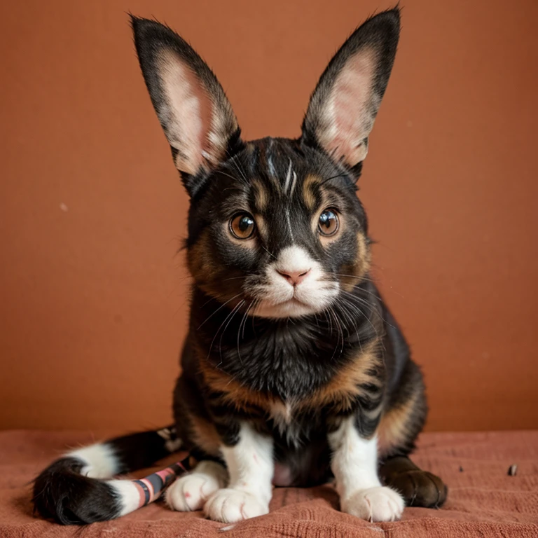 Cat-dog-rabbit hybrid, rabbit face, dog droopy ears, splint cat tail. Red color with black spots on the skin, quadrupedal, animal, cute
