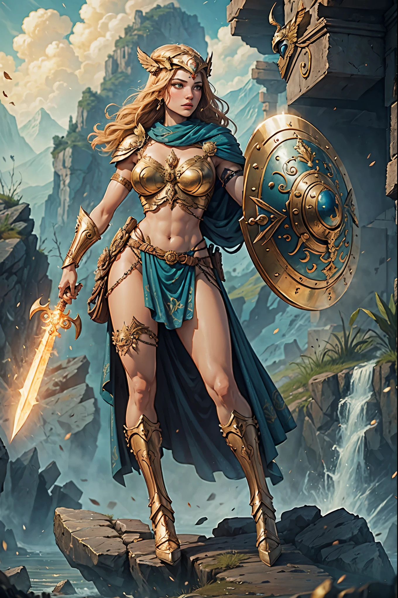 ((best quality)), ((masterpiece)), (detailed), Greek mythology, Athana, Wearing a helmet, symbolizing her role as a goddess of war.
- Holding a spear, her primary weapon in battle.
- Carrying a shield, famously adorned with the head of Medusa.
- Dressed in armor, representing her warrior aspect.
- Often depicted with an owl, symbolizing wisdom.
- Graceful yet strong posture, reflecting her dual role as a goddess of war and wisdom. Standing on a rock.