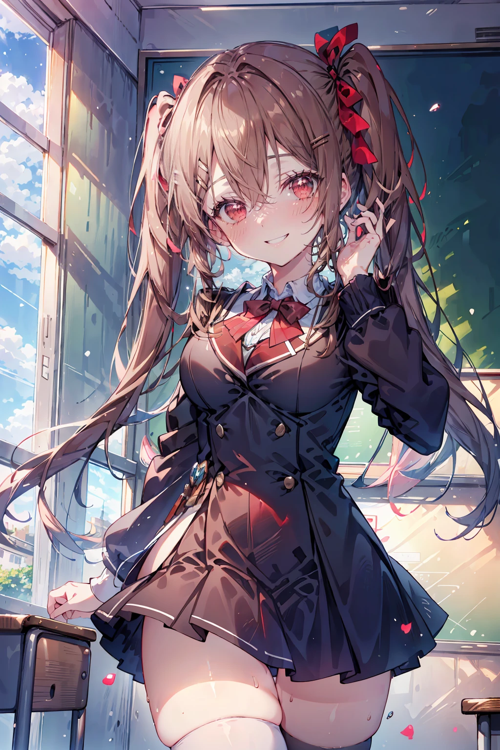 ((8K masterpiece,highest quality)), ultra high resolution, hyper detail, (1 girl), beautiful face, beautiful and delicate eyes,((red eyes)),Big eyes,shining eyes of light,thin and long eyelashes,detailed light,((brown hair)),((long hair)), ((twin tails)),big breasts,school uniform,hair clip,hair ribbon,blitz short skirt,white knee high socks,light pink panties, Panty Pose, panty shot, (grinning smile),embarrassed face,(please open your mouth wide),(classroom),stand in the center of the screen,blue sky with clouds, Nice views, rainbow in the sky, particles of light, daytime, sunbeam,gust of wind,sense of speed, cowboy shot