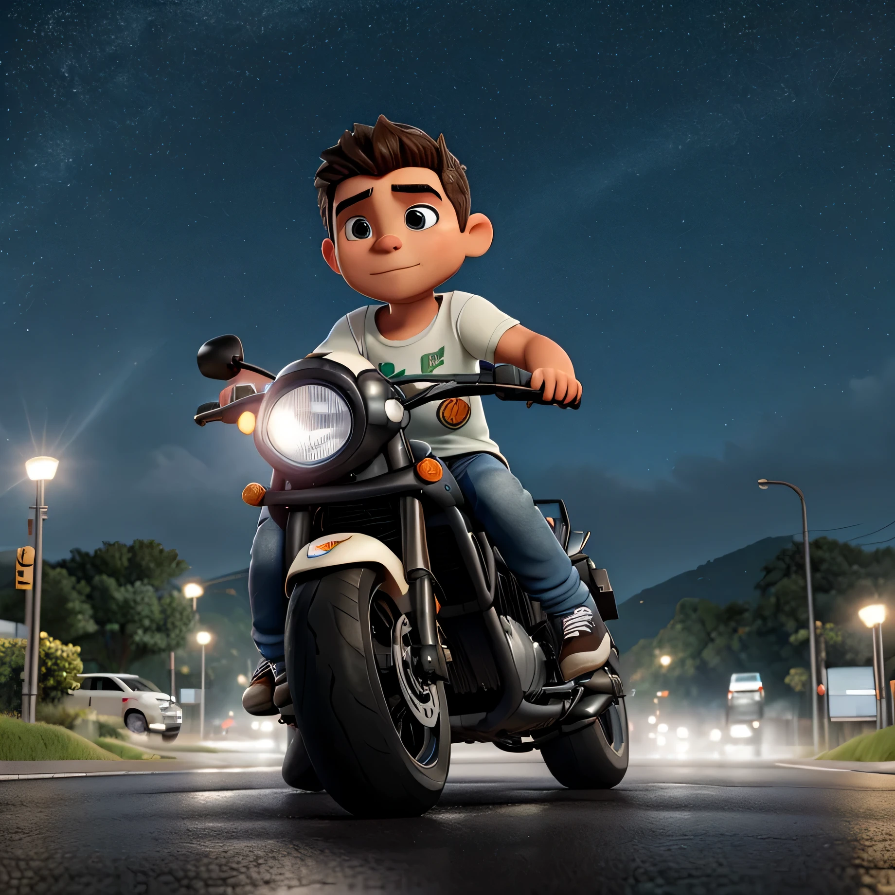 Descreva a cena de un joven con capuz, vistiendo una sudadera negra y jeans, parado en la acera en una noche lluviosa. He is looking at a shiny GTR R35 car passing by on the road.., Your admiration visible in your eyes.. La luz de los faros se refleja en los charcos de agua que te rodean., mientras a chuva cai suavemente sobre ele. O som do motor potente ecoa no ar, misturando-se ao som da chuva. The remains motionless., capturado por la elegancia y la velocidad del coche, Dreaming of the day when you can be behind the wheel of such an impressive machine..