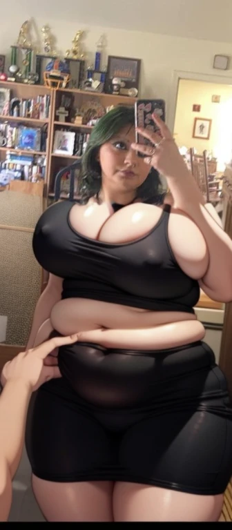 there is a woman taking a picture of herself in a mirror, she has a jiggly fat round belly, her belly is fat and round, 2 , 18 years old, her belly button is exposed, 2 3 years oldhoto, 21 years old, she is wearing a black tank top, she is about 2 0 years old, Big tits, huge tits, no clothes, sexy, cute, wide hips, thick thighs, pear-shaped body, minimal clothes, thick, bbw, chubby stomach, thick nipples, nipple piercings, large areola, hard nipples, piercing through shirt, nipples hard through shirt, busty, major cleavage, naked, ripping through top, spilling over sides, bra too tight, giant tits, dominatrix, dominatrix clothes, huge belly, upper body zoom, wide woman, touch her belly