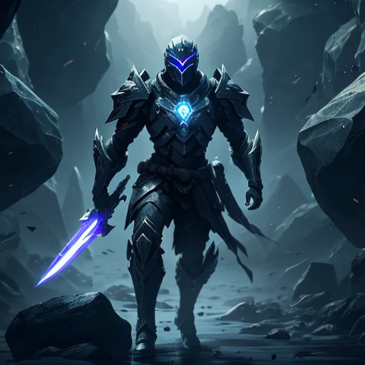 Human soldier dual wielding blades, glowing eyes standing in front floating rocks in limbo no armor, fighting off a token soldier