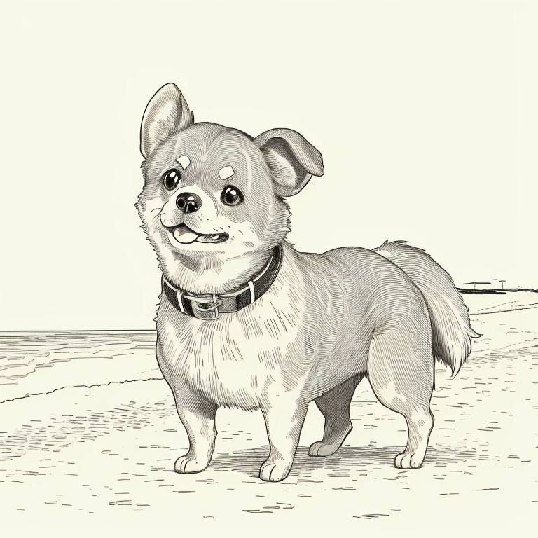 (High quality, 8k) line drawing, lineart, black and white, 1 cute and fluffy chihuahua dog on the beach