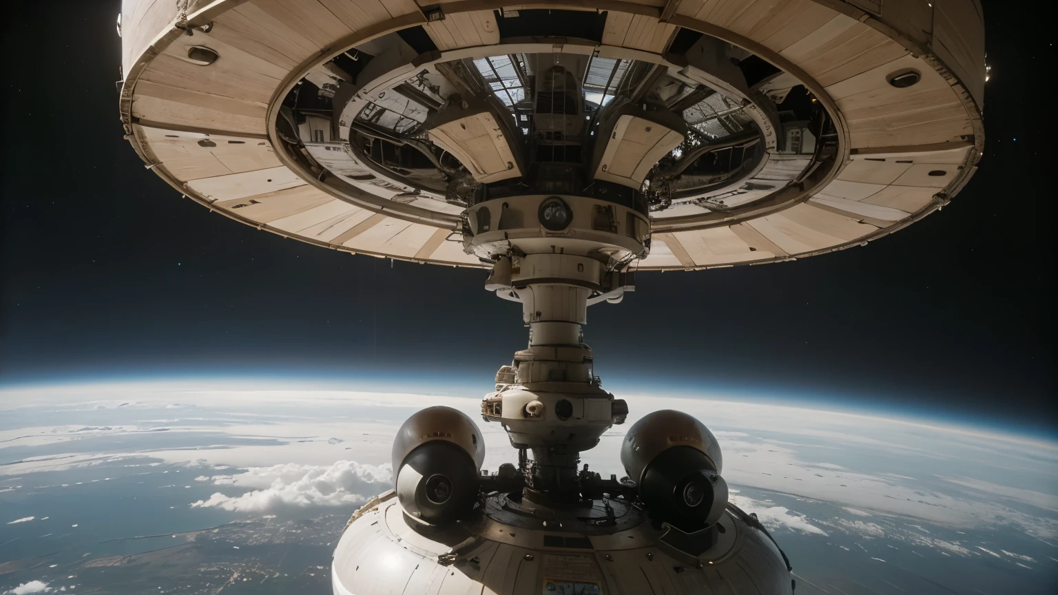 spaceship from the 60s, 60s, earthy tones, looks like photograph, natural light from the left side, simple, vintage, old, outside in space, galaxy, retro futurism, hints of beech and oak wood, space ship, rocket, 60s AI robot, AI as an robot in the style of the 60s