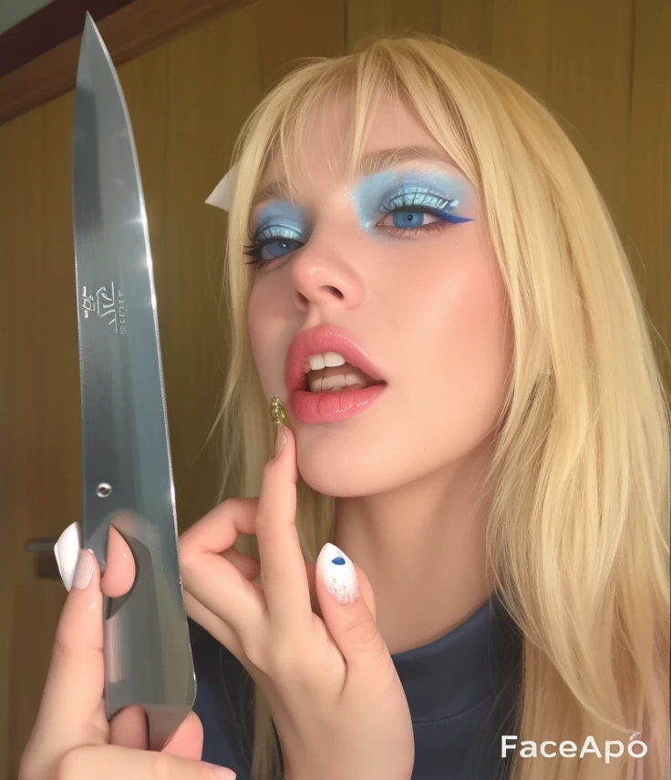 blond woman with blue eyes and makeup sosteniendo un cuchillo in her hand, cuchillo de sostenimiento, sosteniendo un cuchillo, inspirado por Cindy Sherman, Steven Klein, cara como ester exposito, inspirado en David LaChapelle, wielding a knife, cara de ahegao, Suze Randall, arca album cover, sosteniendo un cuchillo de cocina, ahegao, cuchillo de pintura, Poker face