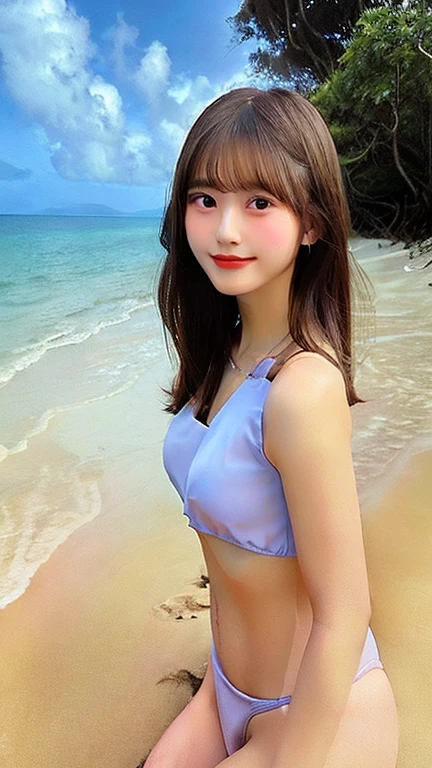  best quality,high contrast,8K,natural collor,photo real,back ground is a tropical island beach,a girl,elegant japanese lady,,beautiful eyes,(black shortcut heir),meekness smile face,beautiful skin,slim body,beautiful bust,(she is wearing a pastel collor super miclo bikini,she is calm appearance,beautiful and slender legs,she is frolicking on the beach