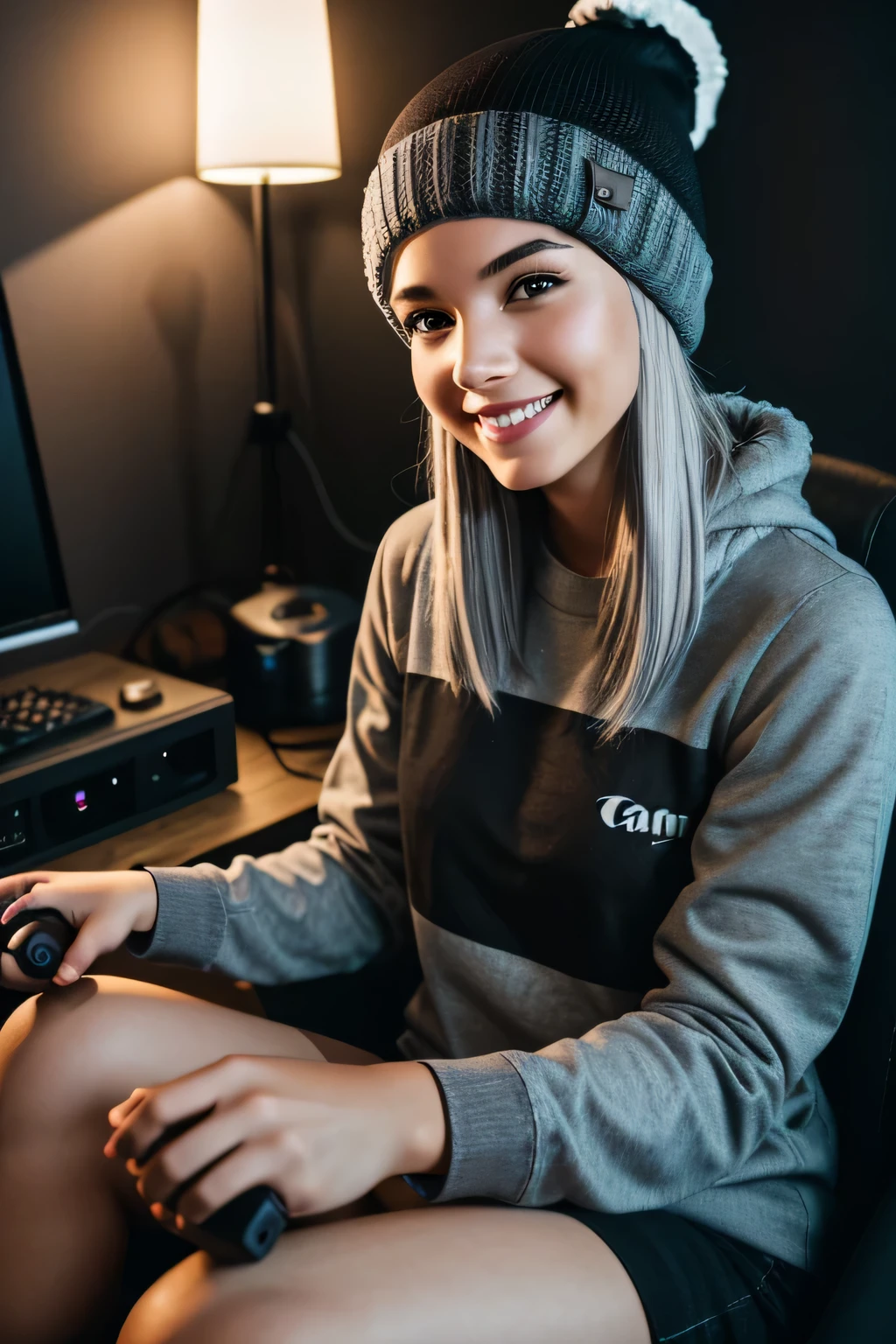 1girl, A cheerful model, gamer girl, (gray hair, medium short hair), ((black beanie hat)), sitting, (bright smile:1.1), gaming room, night, dark room, casual pose, Canon EOS 5D Mark IV, 1/160s, f/2.8, ISO 320, intimate ambiance, lifestyle photography