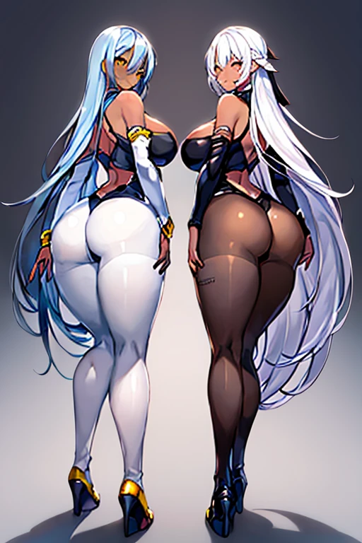 2girls, dark-skinned females, dark-skinned female, dark skin, white hair, long hair, large breasts, breasts, wide hips, yellow eyes, smile, bodysuit, black bodysuit, white trim, sleeveless, black pantyhose, pantyhose, futuristic, tech, science-fiction, full body, ((full body)), from behind, ass