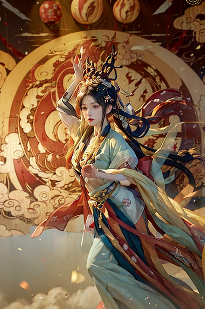 An ancient Chinese painting scroll, The main pattern above is: (Mid-Autumn Festival poster,Spring Festival poster,Featuring a playful character design style,zbrush,可爱而dream,Transparent,Smooth,magic core,yellow color,Flying fairy bun,gentle,frown,White lace flowing skirt,Pear and plum blossoms are flying all over the sky,Nine-colored deer flashes behind,translucent medium,Award-winning masterpiece,Super detailed,Dunhuang style,Dunhuang flying mural,Big Dream Dunhuang,Flying Dance,pipa dance,crazy fantasy,Surrealism,dream,A fantasy world,Han Dynasty stone brick portrait,Intricate Chinese Dunhuang mural background,Chinese culture,Festive atmosphere,national current,anime illustration,Ultra-high-definition CG,3D rendering,ultra HD16k)