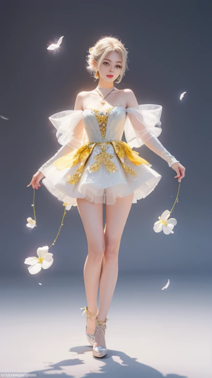 Pastel yellow-white theme photo, a full body of an extreme transparency glass face of beautiful smiling model woman with beautiful make up looking at the camera, white long hair, wearing luxury pastel yellow dress open shoulders, wear diamonds neckless, diamond earrings, wear glass high heal shoes, red lip, 3d render, 4k white-yellow gypsophila flowers floating around the body is background, she is doing mini heart.,awake euphoric style,Face makeup