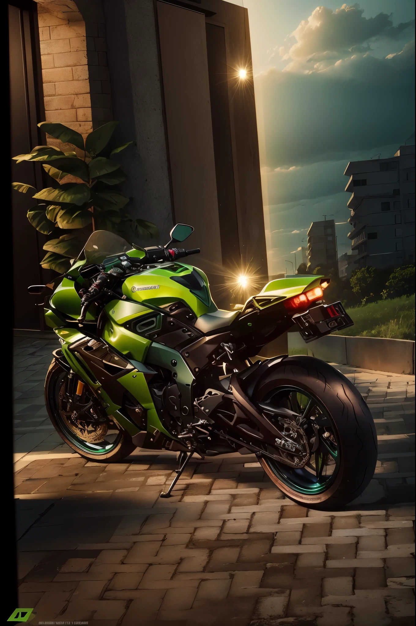 there is a green motorcycle parked on a brick road, gradient black green gold, nd4, nd 4, kawasaki, from 8 k matte, rear shot, mk ninja, rear-shot, unreal enging, hyper realistic”, hyper realistic ”, great masterpiece, wide screenshot, unreal engin, metalic green, front side full, kodakchrome : : 8 k