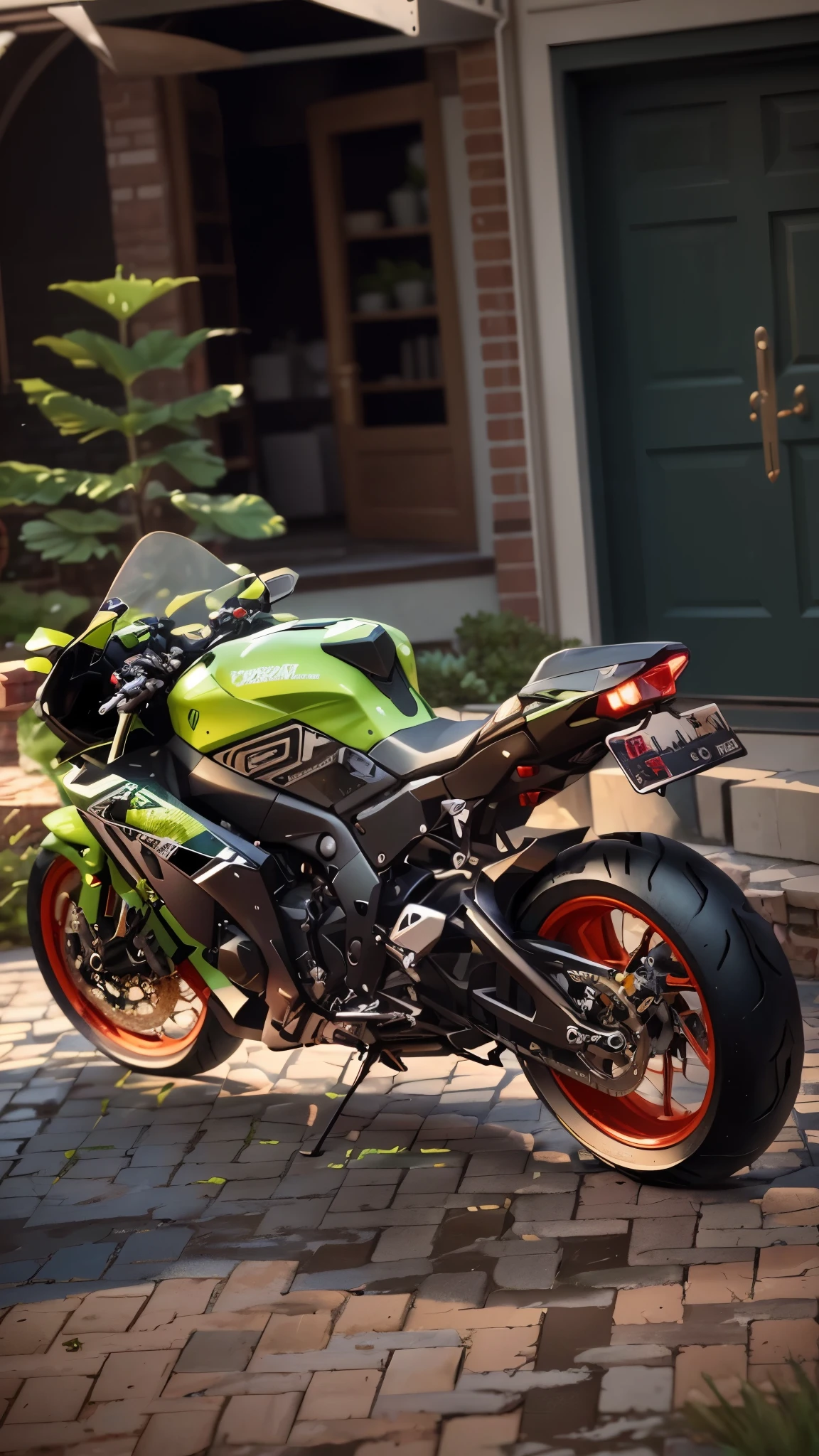 there is a green motorcycle parked on a brick road, gradient black green gold, nd4, nd 4, kawasaki, from 8 k matte, rear shot, mk ninja, rear-shot, unreal enging, hyper realistic”, hyper realistic ”, great masterpiece, wide screenshot, unreal engin, metalic green, front side full, kodakchrome : : 8 k