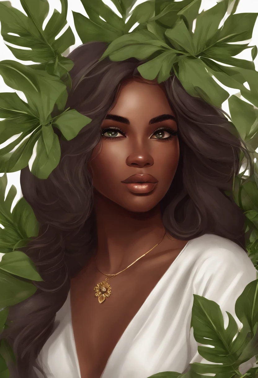 Girl long hair dark skin green eyes white clothes with details of leaves and flowers she cries tears run down her eyes , segurando uma coleira de cachorro
 , 8k，obra-prima，alta qualidade, estilo desenhos animados，Figura da paz，linhas de trabalho，illustration，Q version，Under the tree，Sente-se e coma caqui, neon lights in the background, magical world fantasy mystical