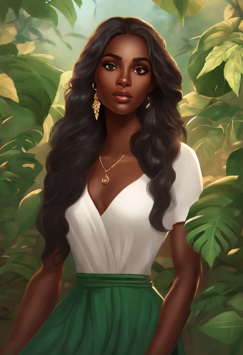 Girl long hair dark skin green eyes white clothes with details of leaves and flowers she cries tears run down her eyes , segurando uma coleira de cachorro
, 8k,obra-prima,alta qualidade, estilo desenhos animados,Figura da paz,linhas de trabalho,illustration,Q version,Under the tree,Sente-se e coma caqui, neon lights in the background, magical world fantasy mystical