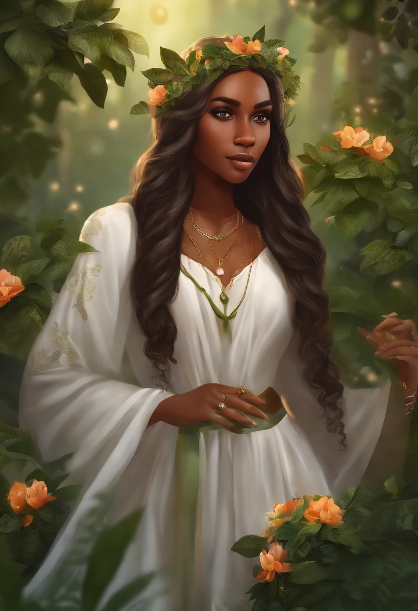 Girl long hair dark skin green eyes white clothes with details of leaves and flowers she cries tears run down her eyes , segurando uma coleira de cachorro
 , 8k，obra-prima，alta qualidade, estilo desenhos animados，Figura da paz，linhas de trabalho，illustration，Q version，Under the tree，Sente-se e coma caqui, neon lights in the background, magical world fantasy mystical