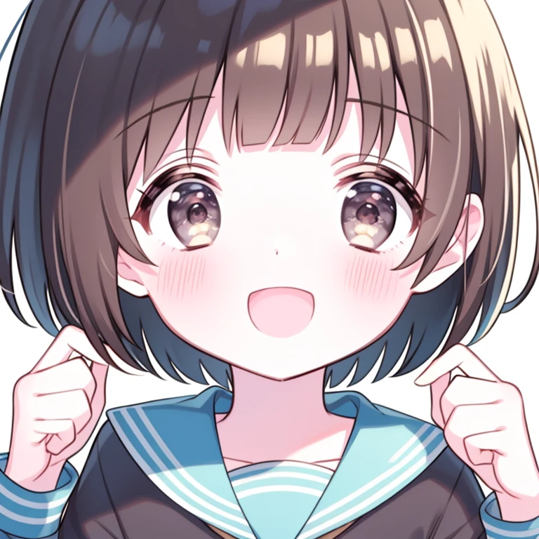circleい画像, Colorful Head Township, 1 boy, alone, handsome hair, open your mouth, smile, circleい画像, circle, brown hair, looking at the audience, :d, raised his hand, blush, sailor collar, brown eyes, bangs, short hair, long sleeve, Little, school uniform, shirt, light green shirt, blunt bangs, serafuku, Upper body, white background, simple background